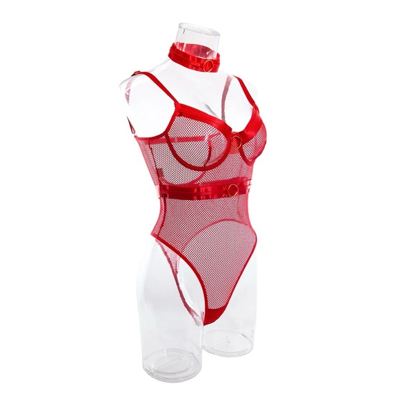 Red Fishnet Choker Bodysuit - Picture 13 of 16